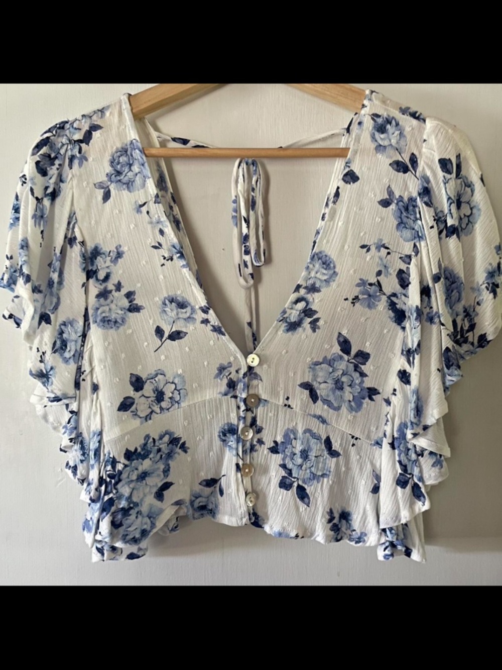 Altar'd State White Blouse with Blue Floral Print